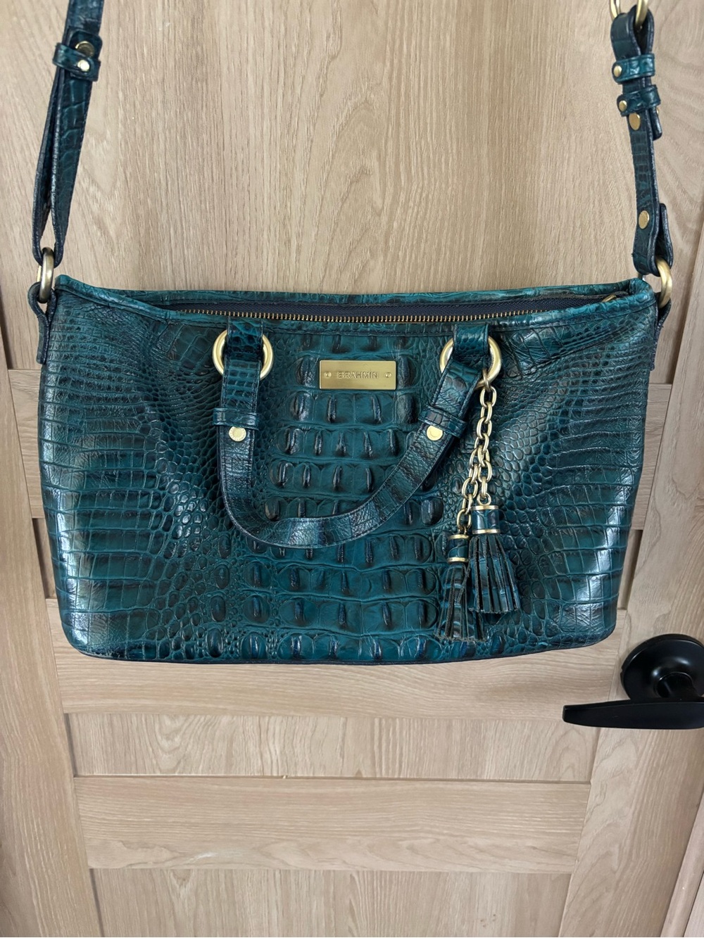 Brahmin Mini Asher Crocodile Embossed Leather Purse Crossbody Teal RARE Bag